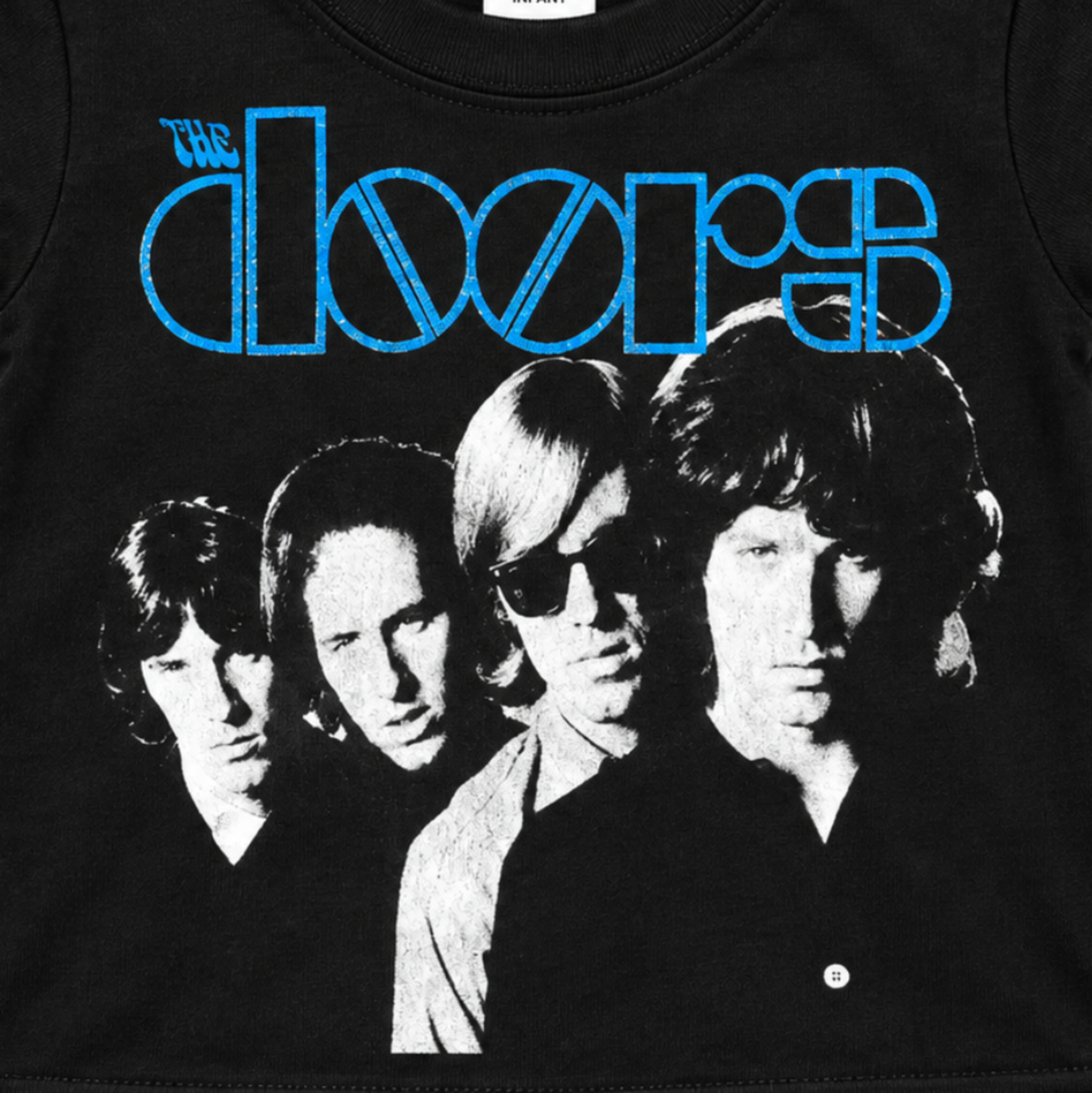 Close-up of The Doors blue logo and black-and-white band portrait design on a black infant graphic T-shirt.