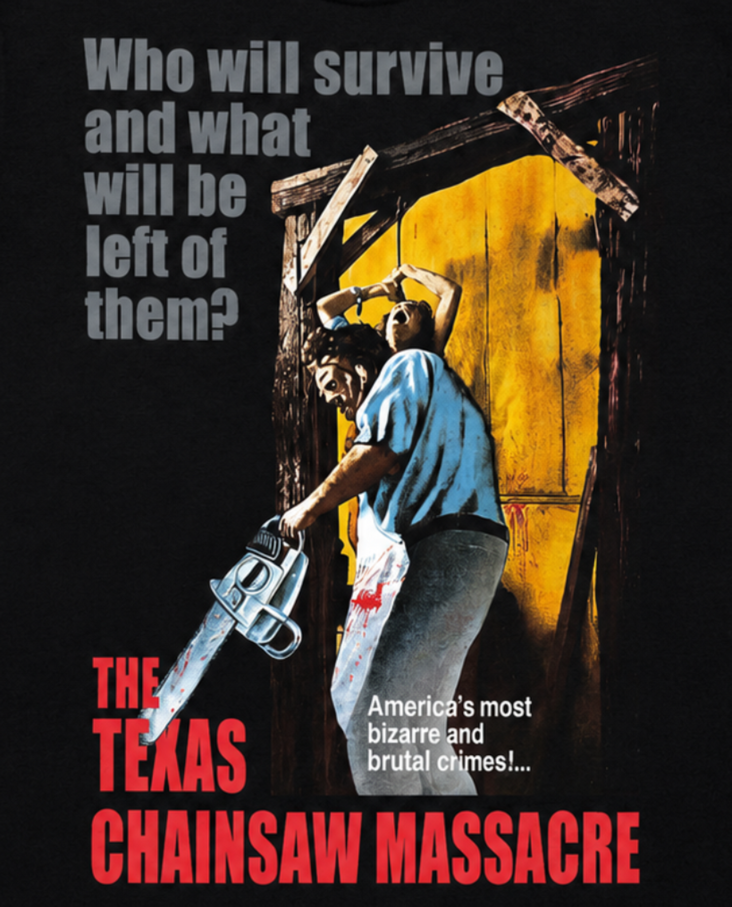Black adult unisex The Original 1974 The Texas Chainsaw Massacre horror T-shirt featuring Leatherface with his chainsaw, Sally Hardesty, the "Who will survive and what will be left of them?" tagline, the "America's most bizarre and brutal crimes!..." caption, and the bold red movie title, available in sizes Small through 3X-Large.