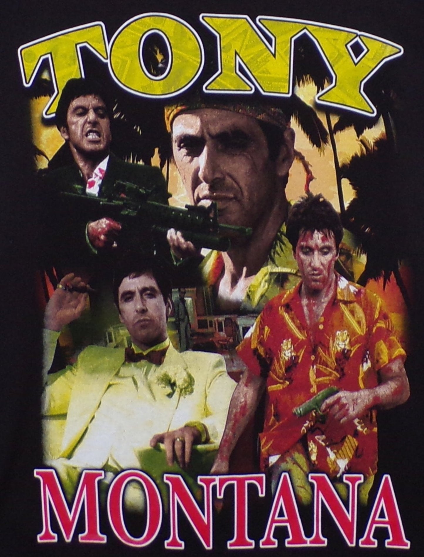 New ’Tony Montana Picture Collage’ Adult Silkscreen T-Shirt. Available From Small-3XL. - Unisex Short Sleeve Shirt