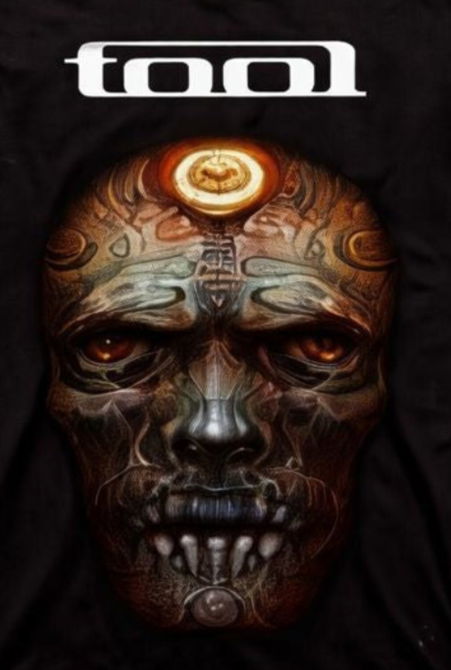 Front view of Tool Nerve Ending Skull T-shirt featuring biomechanical skull design with glowing amber tones and white band logo, printed using authentic silkscreen technique.