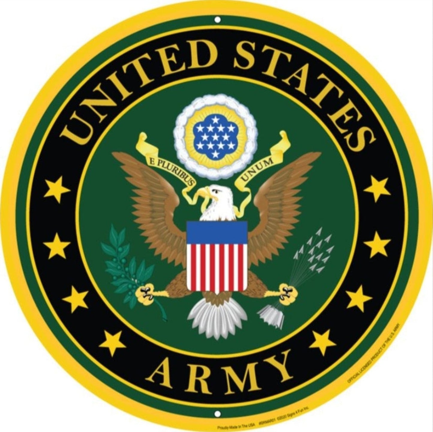 United States Army embossed round aluminum sign featuring a Great Seal–inspired eagle design, 12 inch diameter.