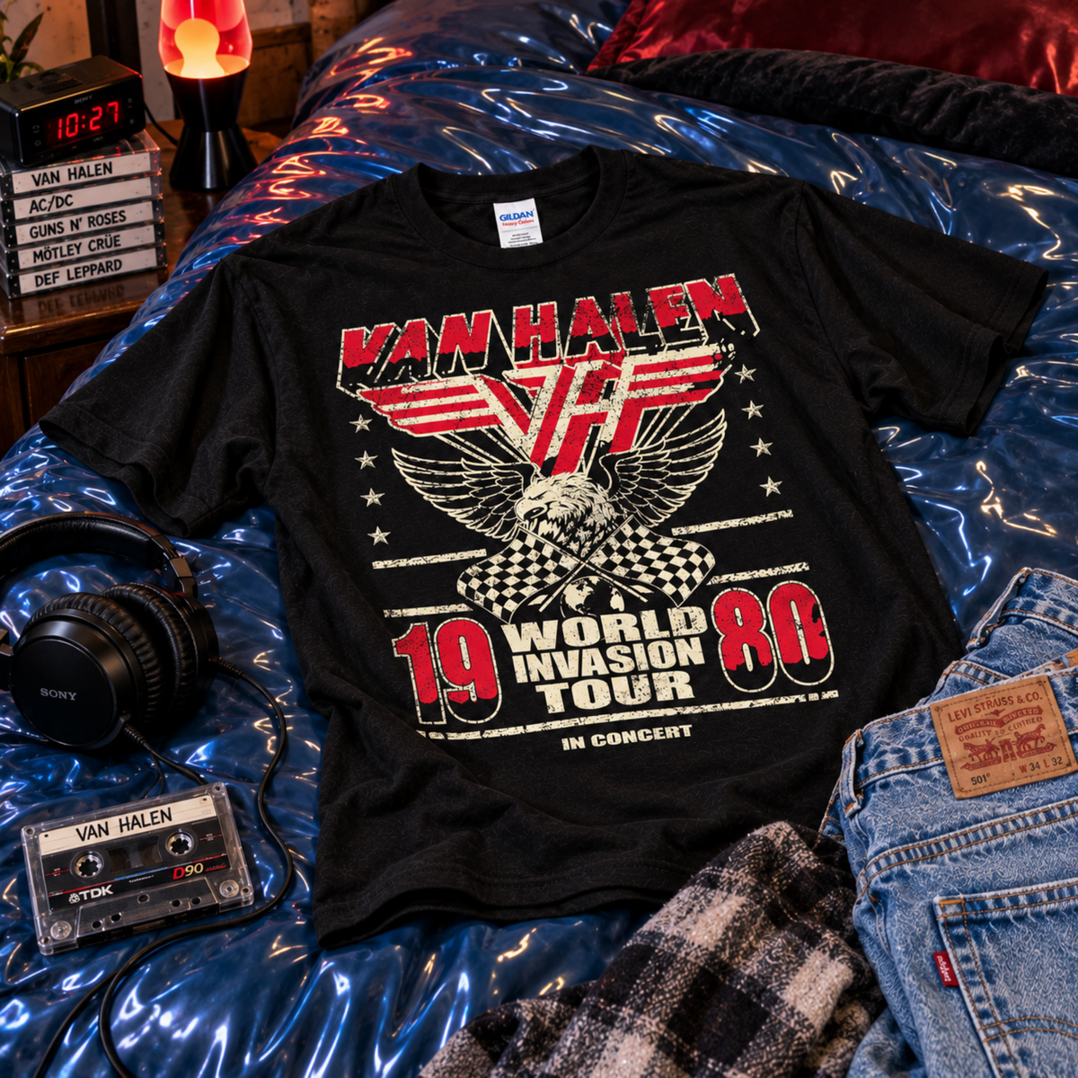 Van Halen 1980 World Invasion Tour black T-shirt displayed on an ’80s-style bed with headphones and cassette tapes—a standout shirt for Van Halen fans.