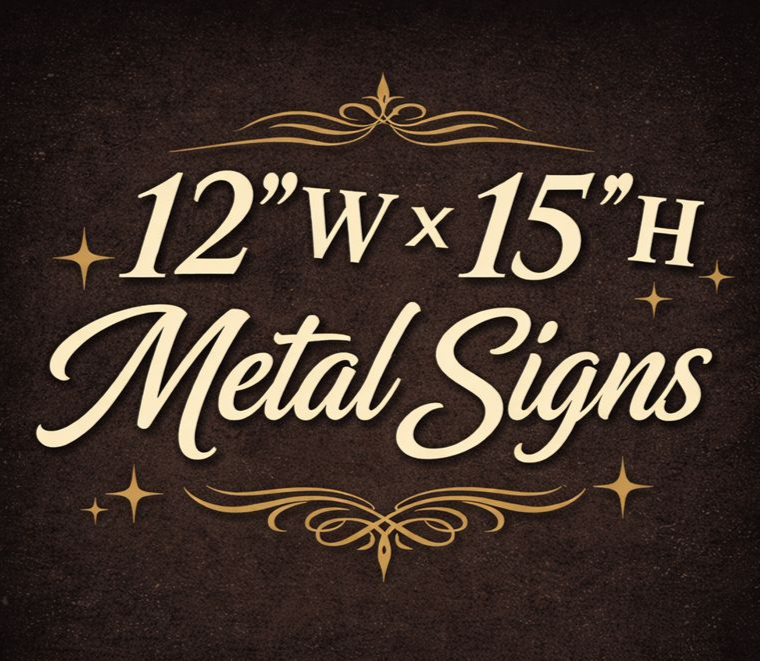 12 by 15 inch metal signs collection cover with decorative script lettering on dark background
