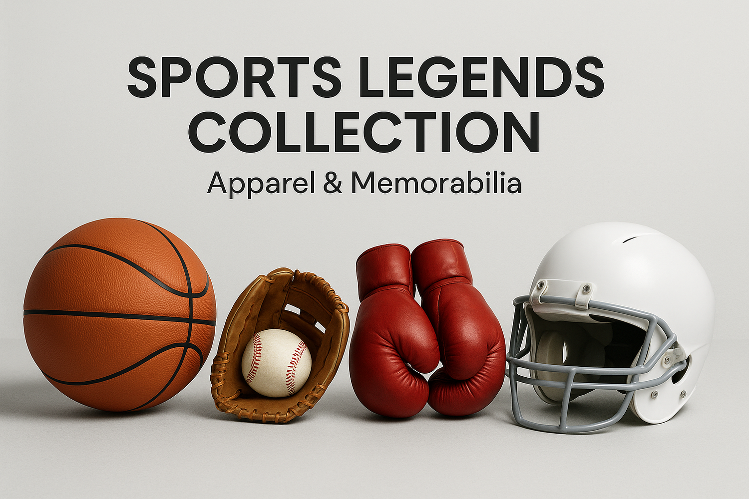 Sports Legends Collection banner with a basketball, baseball glove and ball, red boxing gloves, and a white football helmet arranged in a row on a light gray background with collection title text above.