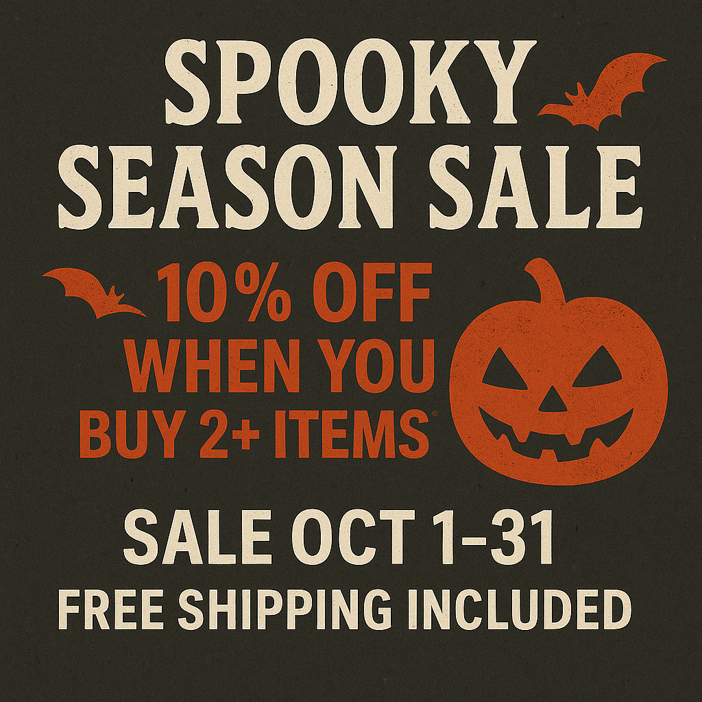 “Spooky Season Sale banner — Halloween-themed collection of tees and metal signs, hauntingly good deals”