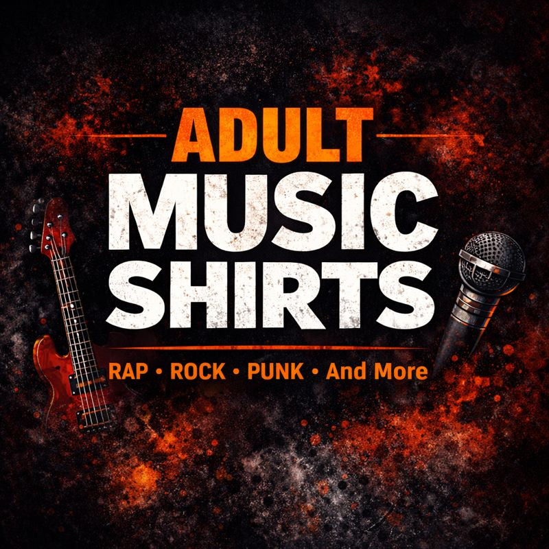 Adult music shirts collection cover with bold street-style typography and music-inspired design