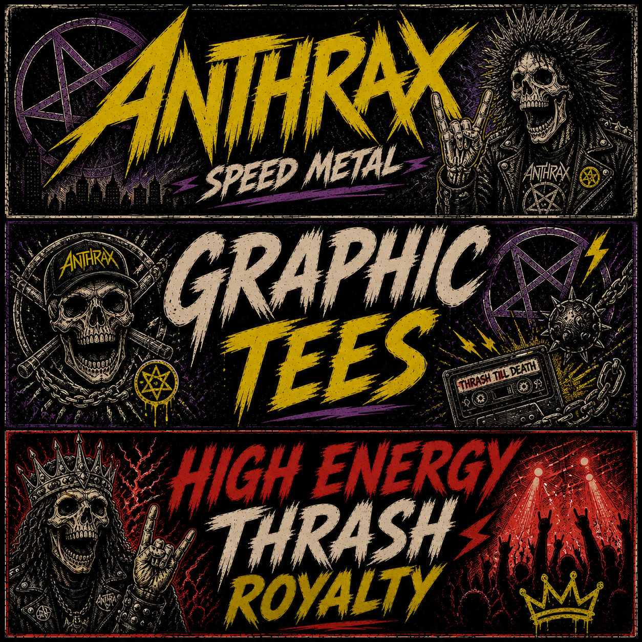 Shop Anthrax adult graphic tees collection featuring thrash metal band shirt designs