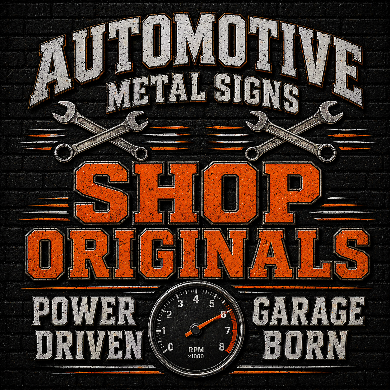 Shop automotive signs collection banner with classic car and garage-themed graphics on a dark grunge background, vintage metal wall decor