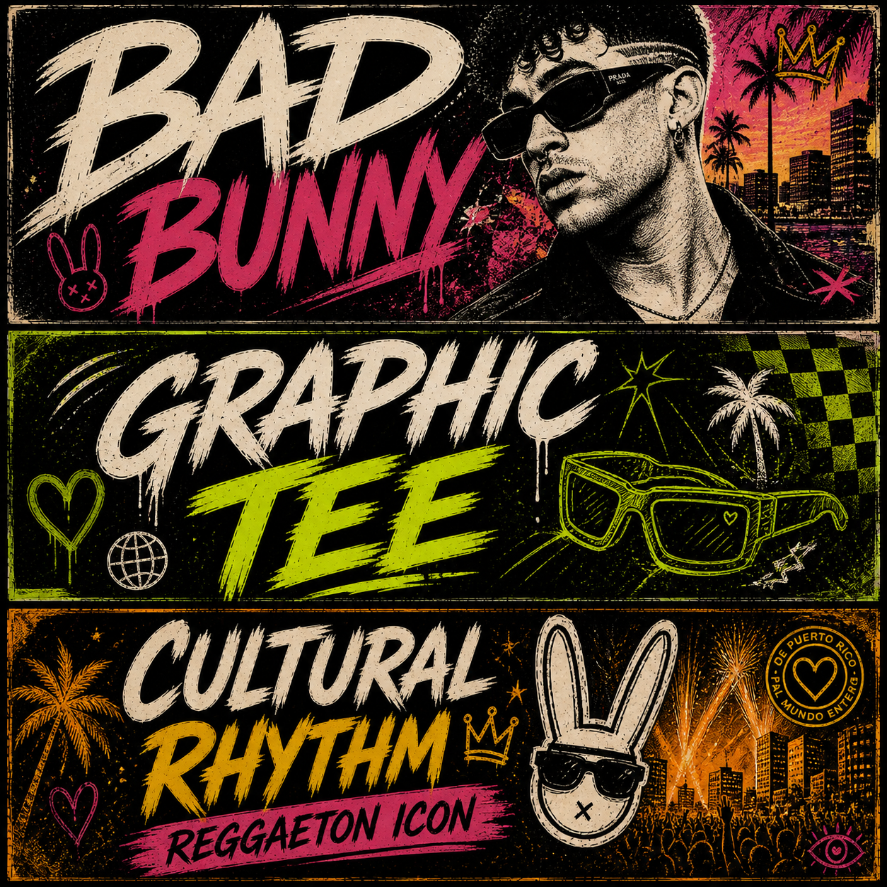 Shop Bad Bunny adult graphic tees collection featuring Latin trap and reggaeton inspired shirt designs