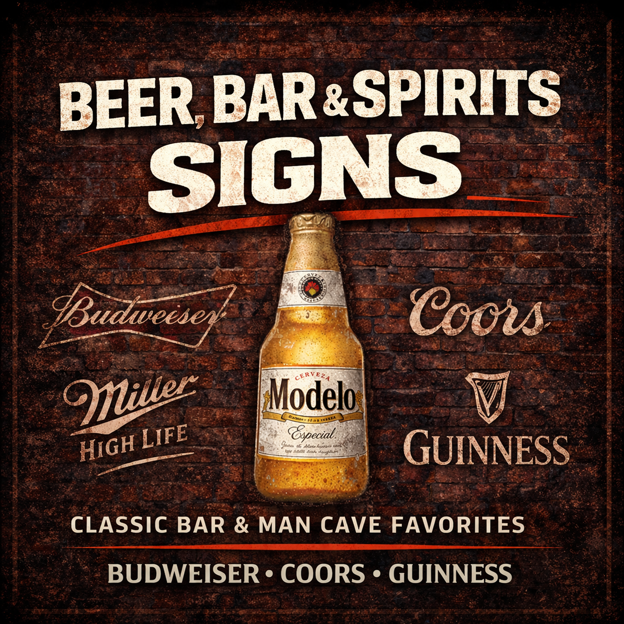 Shop beer and bar signs collection featuring vintage brewery logos and bar decor on a dark grunge background