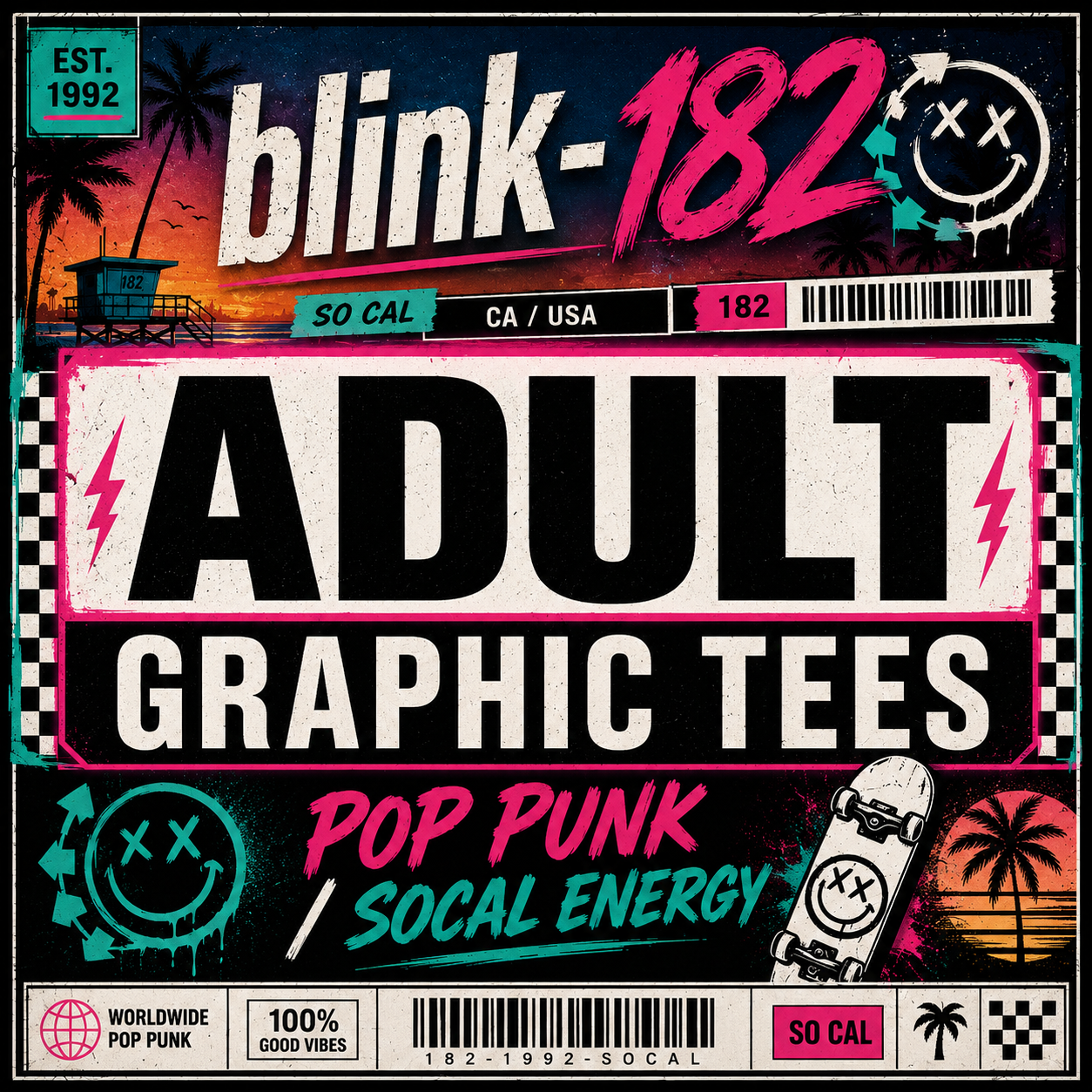 Shop Blink-182 adult graphic tees collection featuring pop punk band shirt designs
