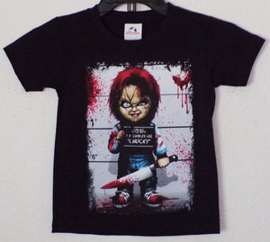 New "Chucky Mugshot" Youth Horror Silkscreen T-Shirt. Available In XS-XL Youth.