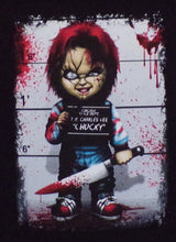 Load image into Gallery viewer, New &quot;Chucky Mugshot&quot; Youth Horror Silkscreen T-Shirt. Available In XS-XL Youth.
