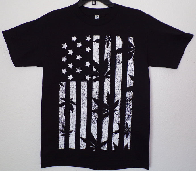 new black n white flag with leaves on stripes Men silkscreen t-shirt available from small-2xl 420 unisex apparel adult marijuana flag shirt tops