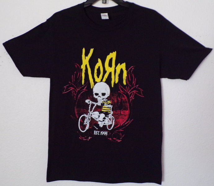 new korn kid skeleton on bike unisex silkscreen t-shirt available from small-3xl women men unisex music metal apparel adult shirts tops