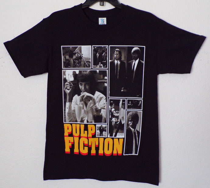 new pulp fiction picture collage mens silkscreen t-shirt available from small-3xl women unisex movies men apparel adult shirts tops
