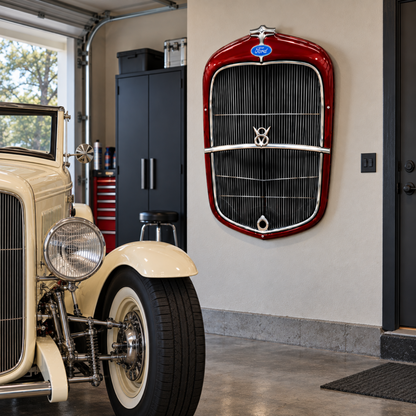 Blue Blood Red 1932 Ford grille sign displayed on a garage wall beside a cream-colored vintage hot rod with exposed front suspension.