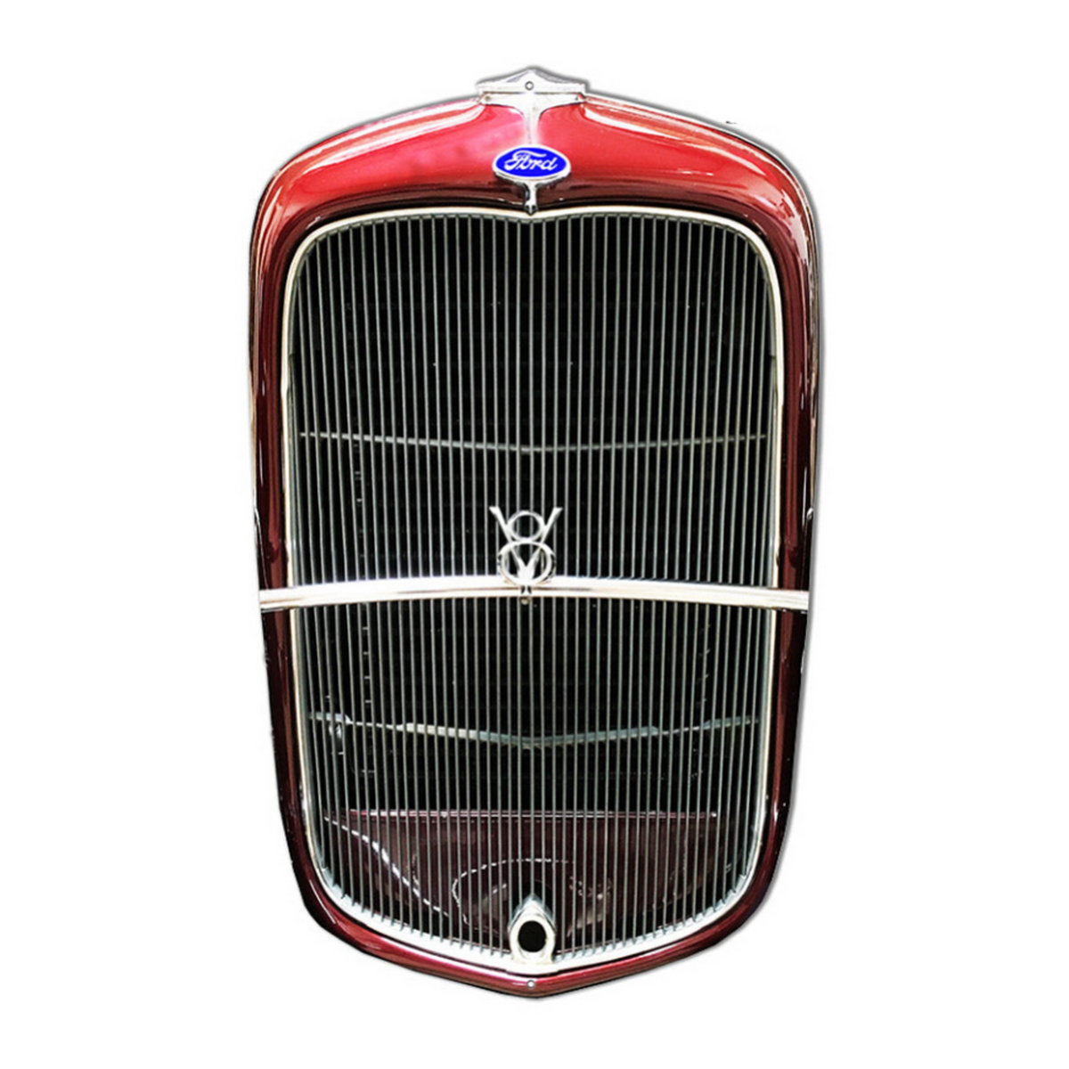 1932 Ford grille with crank hole laser-cut steel sign in Blue Blood Red with metallic grille bars, Ford emblem, and V8 detail.