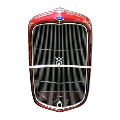 1932 Ford grille with crank hole laser-cut steel sign in Blue Blood Red with metallic grille bars, Ford emblem, and V8 detail.