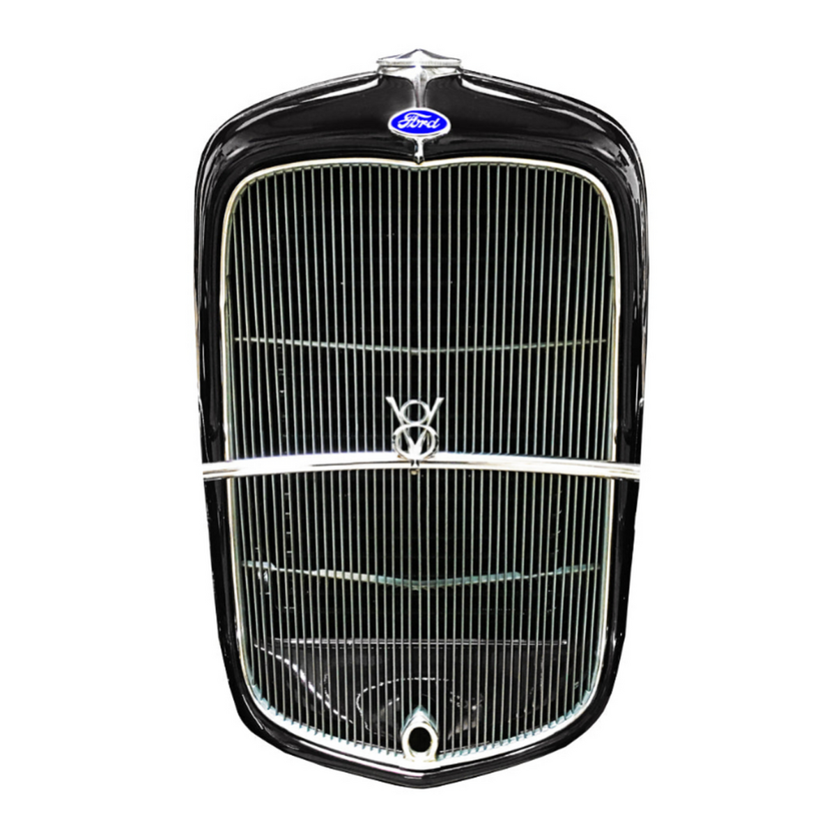 1932 Ford grille with crank hole laser-cut steel sign in Ebony Black with metallic grille bars, Ford emblem, and V8 detail.