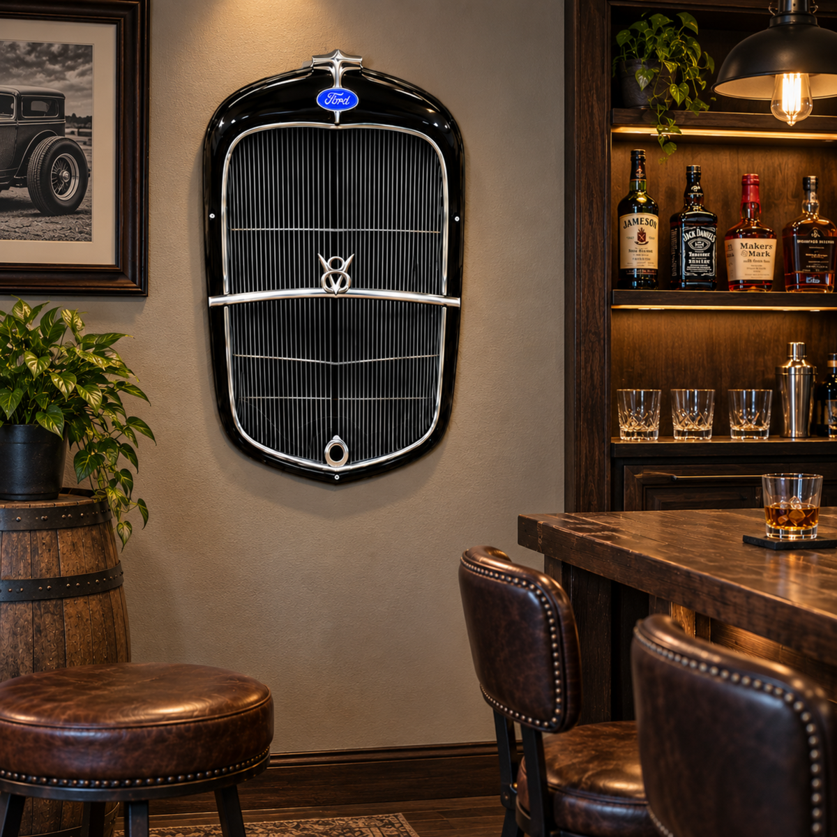 Ebony Black 1932 Ford grille sign displayed on the wall beside a home bar with leather seating and wood shelving.