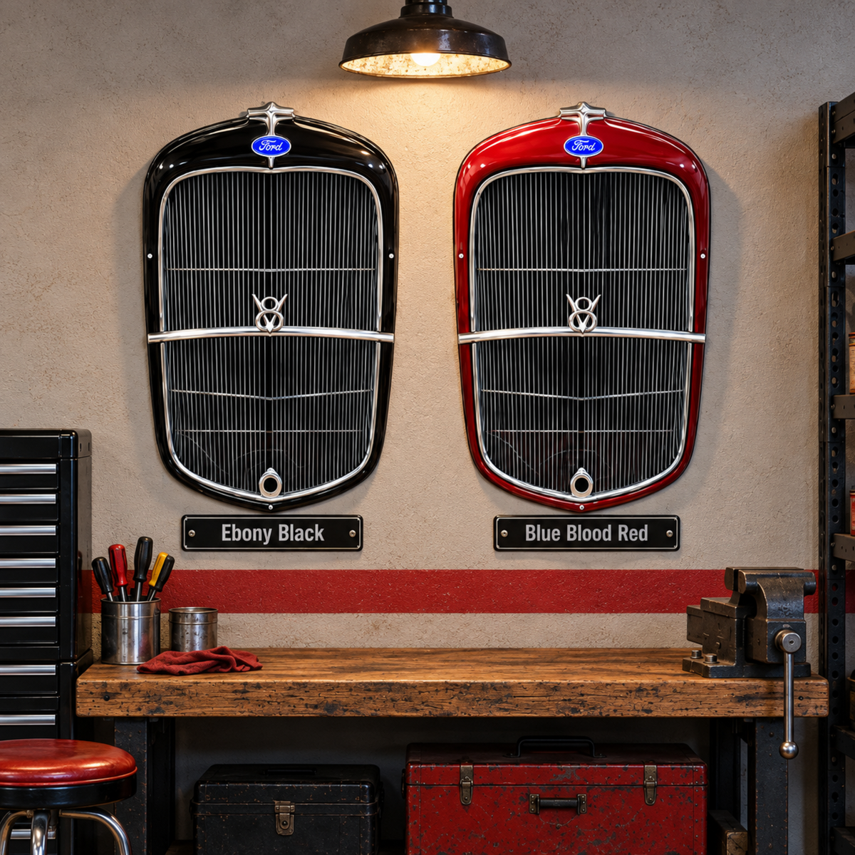 1932 Ford grille laser-cut steel signs shown together in Ebony Black and Blue Blood Red for color comparison.