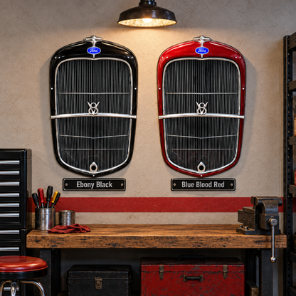 1932 Ford grille laser-cut steel signs shown together in Ebony Black and Blue Blood Red for color comparison.