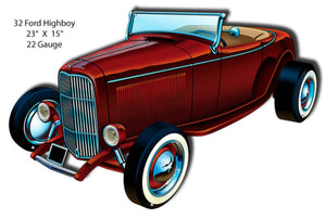 1932 Ford Highboy laser cut metal sign by Bernard Oliver, 15 inches high by 23 inches wide, featuring a red vintage hot rod design with pre-drilled mounting holes.

