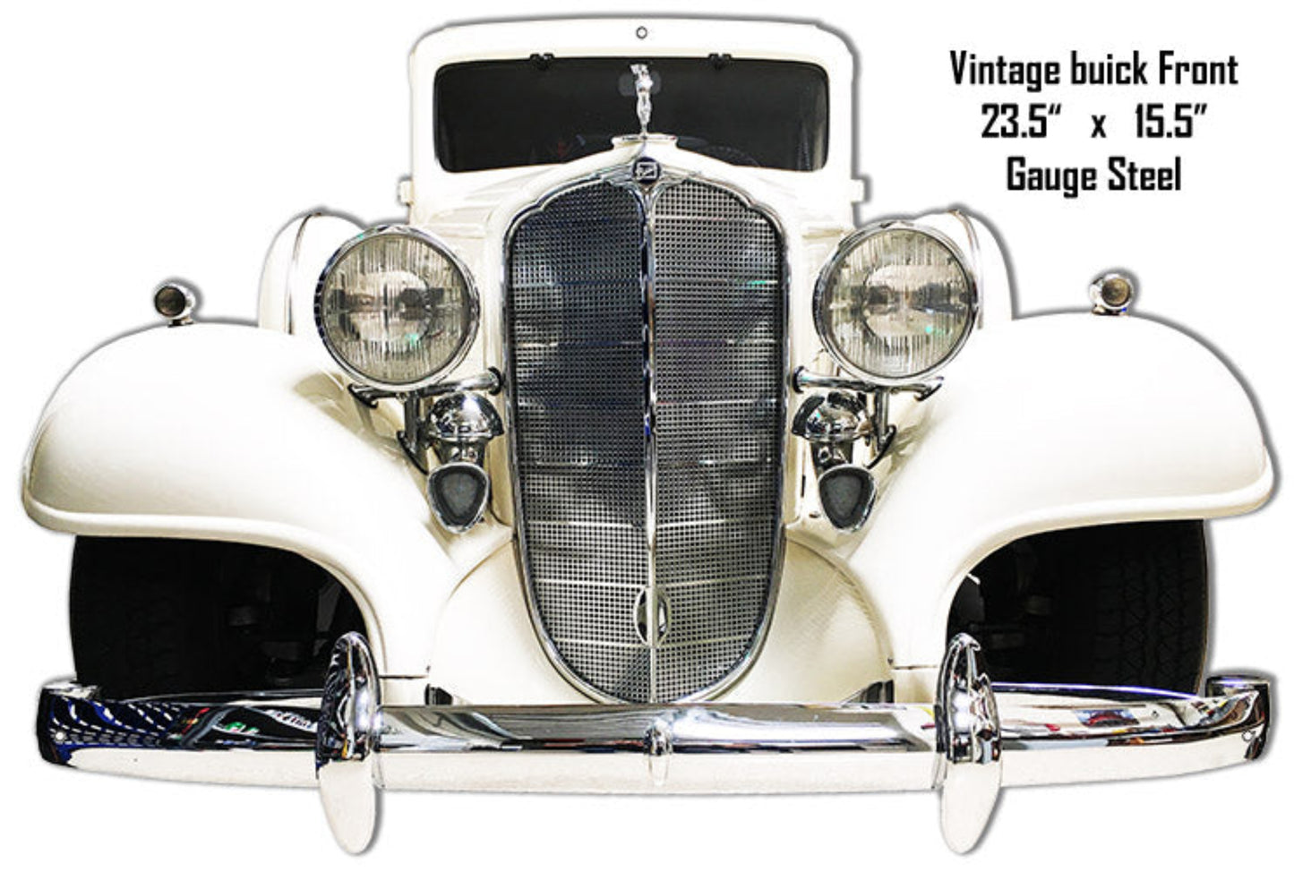 1935 Buick Front End vintage laser cut steel sign featuring the iconic waterfall grille, chrome headlights, and sweeping pre-war styling.