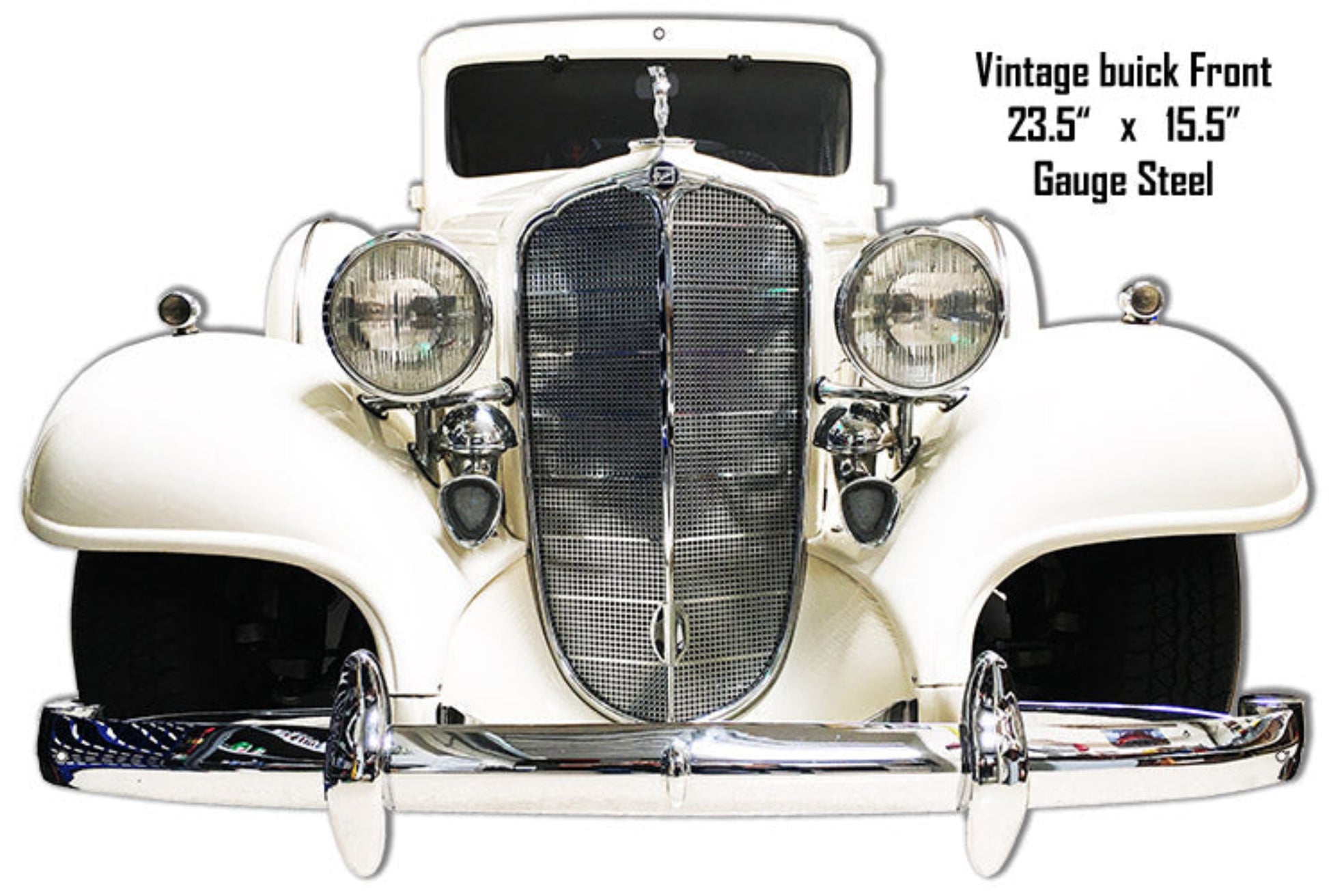 1935 Buick Front End vintage laser cut steel sign featuring the iconic waterfall grille, chrome headlights, and sweeping pre-war styling.
