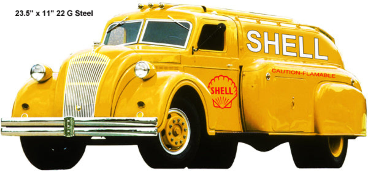 1938 Dodge Airflow RX-70 Shell fuel tanker laser-cut steel sign featuring the classic yellow-and-red Shell Oil Company delivery truck.