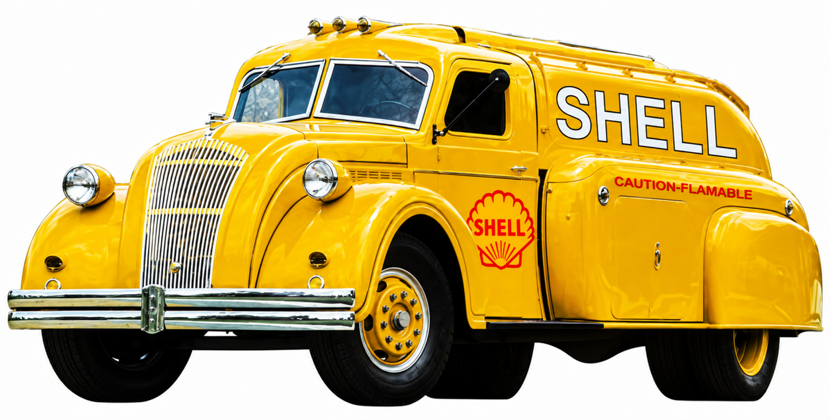 1938 Dodge Airflow Shell fuel tanker metal sign showing the streamlined yellow tanker body, Shell branding, and red detailing.