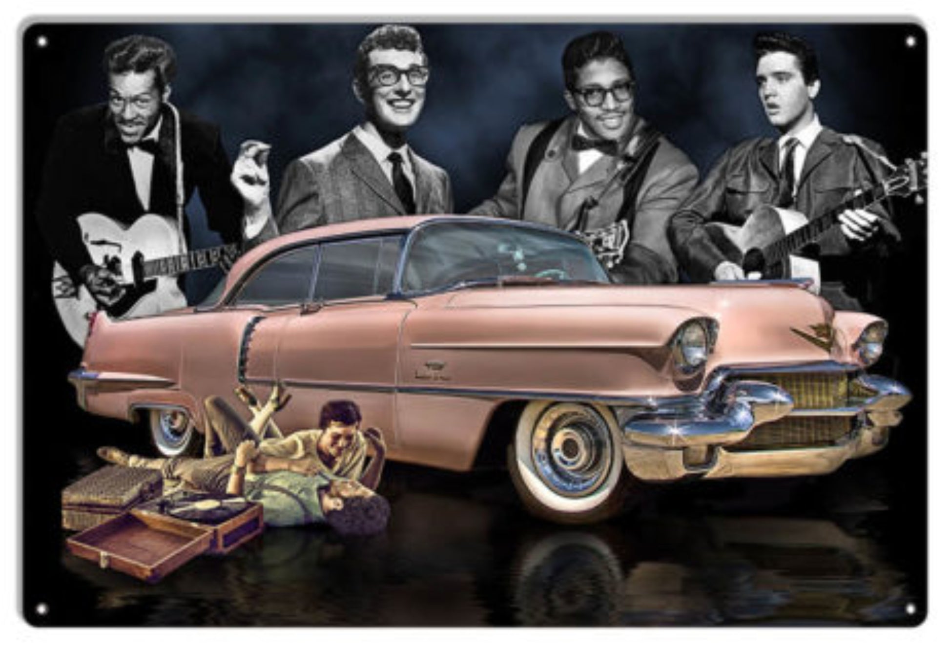 Metal wall sign featuring a 1955 pink Cadillac surrounded by 1950s music legends Chuck Berry, Buddy Holly, Bo Diddley, and Elvis Presley.