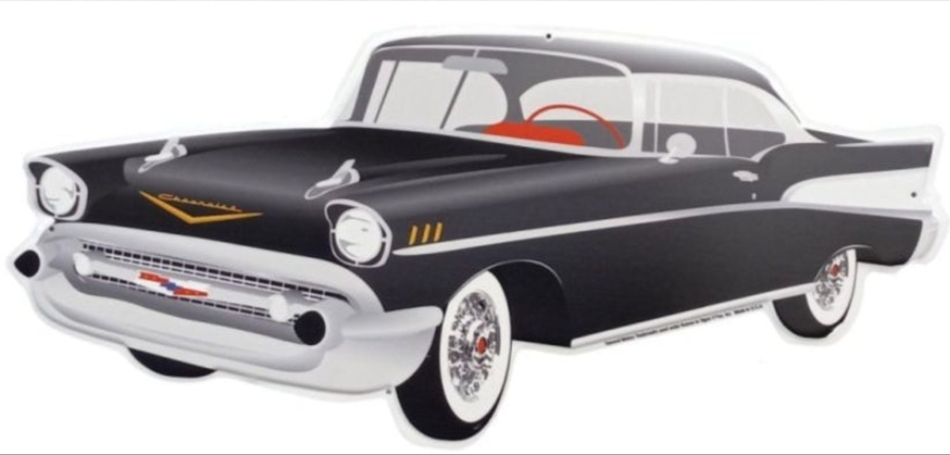 1957 Chevrolet Bel Air embossed aluminum sign featuring classic Tri-Five era styling, 24 inch wide by 10 inch tall.