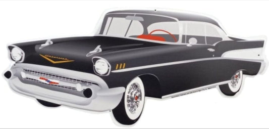 1957 Chevrolet Bel Air embossed aluminum sign featuring classic Tri-Five era styling, 24 inch wide by 10 inch tall.