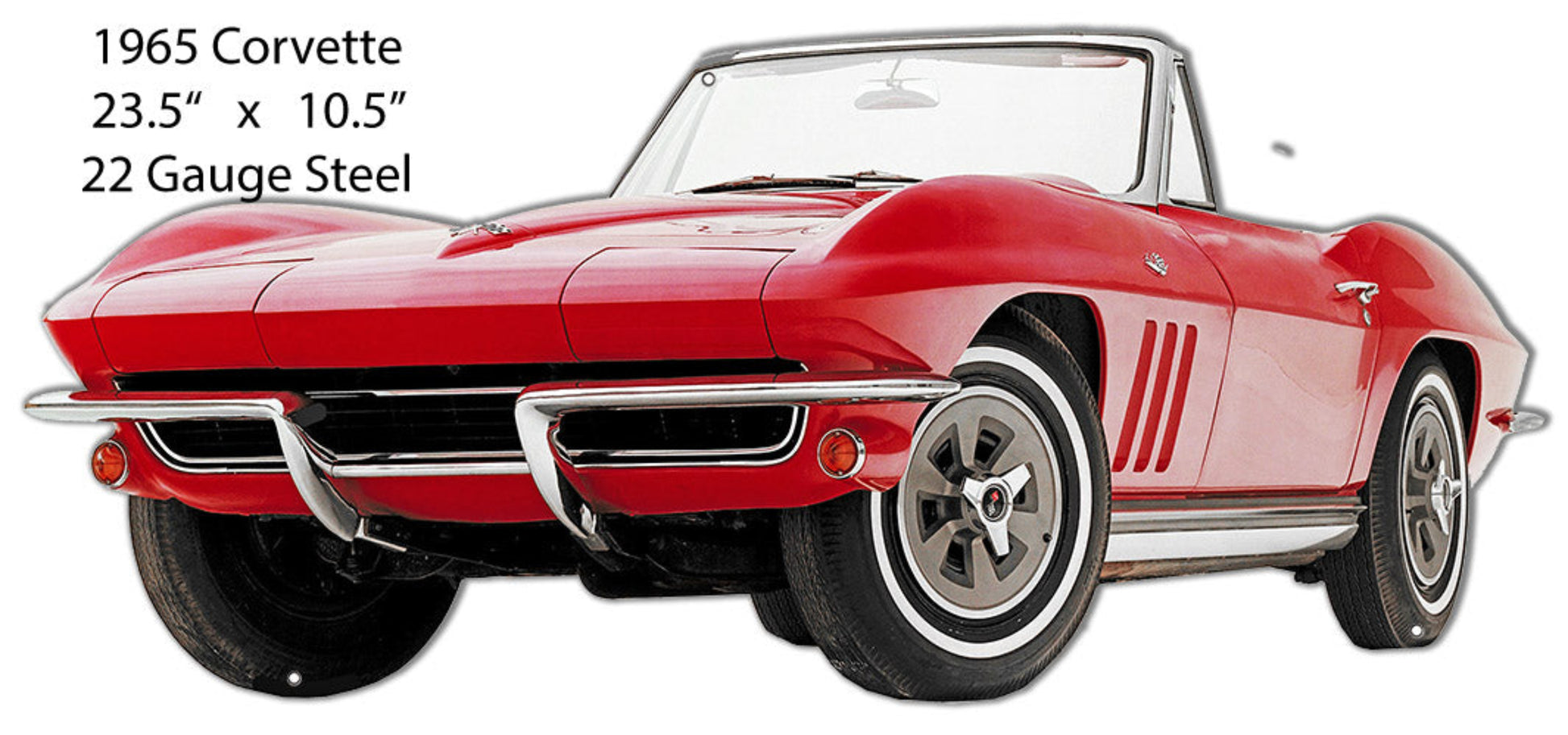 Show off the 1965 C2 Sting Ray with this red Corvette laser-cut steel sign. Classic car wall art, 22-gauge steel, 10.5×23.5, made in the USA.