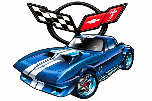 1966 Chevrolet Corvette Stingray C2 laser-cut steel sign by Bernard Oliver featuring a blue Corvette with racing stripes and crossed-flags emblem, 17"W × 14.5"H.
