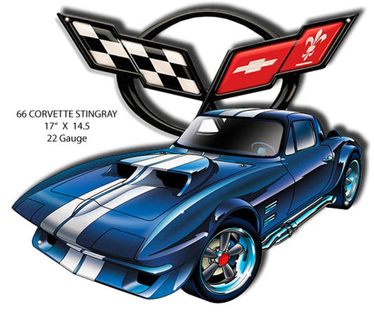 Laser-cut metal sign featuring a blue 1966 Corvette Stingray C2 with racing stripes and crossed flag emblem in bold, vintage style.