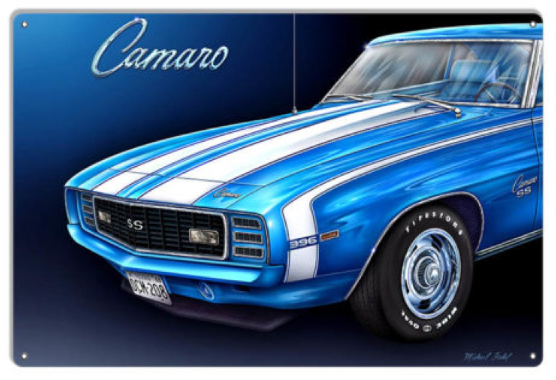 1969 Chevrolet Camaro SS 396 metal sign by Michael Fisher featuring a LeMans Blue Camaro with Dover White hockey stick stripes. Made in the USA, .040 aluminum wall décor for garages, man caves, workshops, and classic Chevrolet collections.