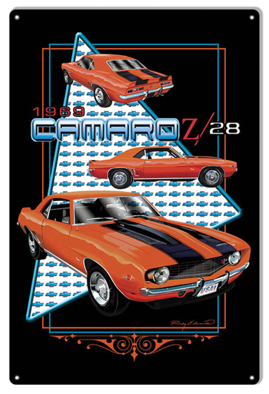1969 Chevrolet Camaro Z28 aluminum metal sign by Rudy Edwards featuring the iconic Hugger Orange finish with black rally stripes. American muscle car wall décor available in 12"W × 18"H, 16"W × 24"H, and 18"W × 30"H.