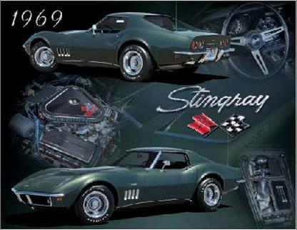 Officially licensed 1969 Chevrolet Corvette Stingray collage tinplate steel metal sign featuring multiple Corvette illustrations, 15 inches wide by 12 inches tall.