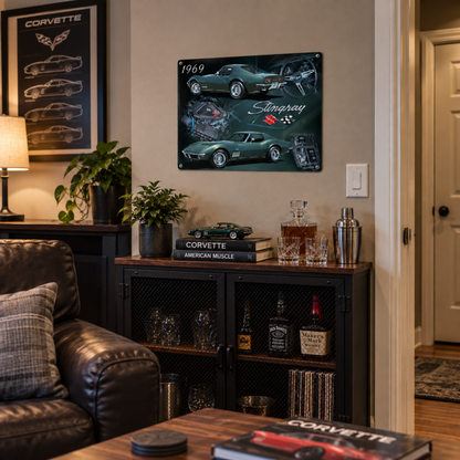 1969 Chevrolet Corvette Stingray collage metal sign displayed above a cabinet in a living room with automotive décor, books, and vintage accessories.