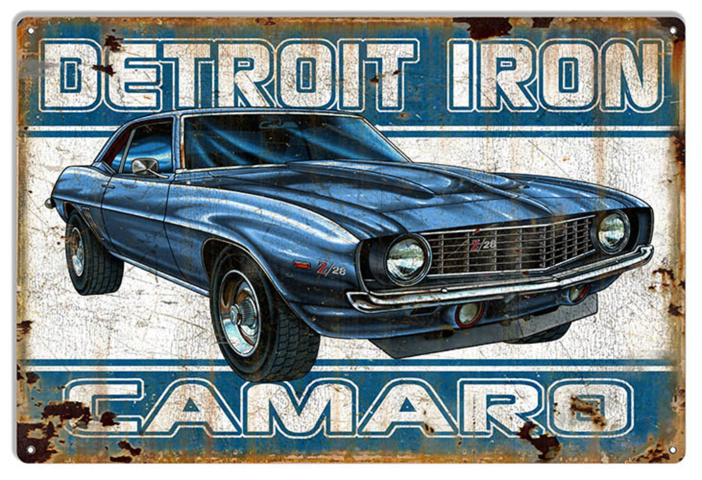 1969 Detroit Iron Chevrolet Camaro Z/28 metal sign featuring a LeMans Blue Camaro with Dover White hockey stick stripes in distressed vintage artwork on a .040 aluminum sign, 12"W × 18"H.
