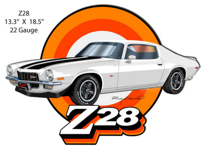 1970–1973 Chevrolet Camaro Z28 laser-cut steel sign featuring Rudy Edwards artwork in Classic White.