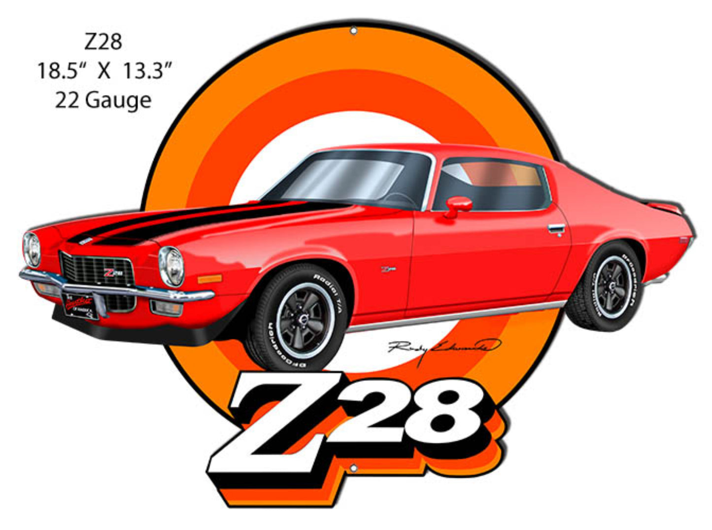 1970–1973 Chevrolet Camaro Z28 laser-cut steel sign featuring Rudy Edwards artwork in Cranberry Red.