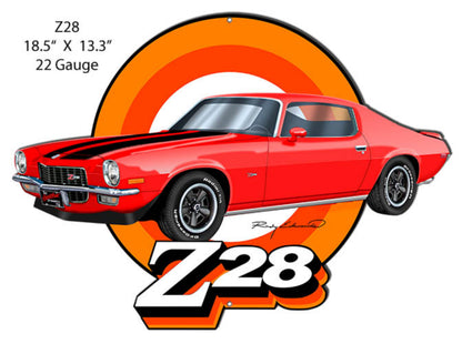 1970–1973 Chevrolet Camaro Z28 laser-cut steel sign featuring Rudy Edwards artwork in Cranberry Red.