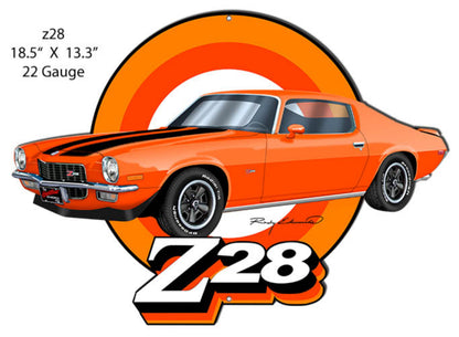 1970–1973 Chevrolet Camaro Z28 laser-cut steel sign featuring Rudy Edwards artwork in Hugger Orange.