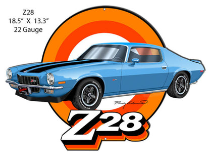 1970–1973 Chevrolet Camaro Z28 laser-cut steel sign featuring Rudy Edwards artwork in Light Blue Metallic.