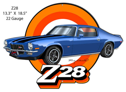 1970–1973 Chevrolet Camaro Z28 laser-cut steel sign featuring Rudy Edwards artwork in Mulsanne Blue Metallic.