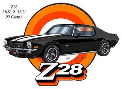 1970–1973 Chevrolet Camaro Z28 laser-cut steel sign featuring Rudy Edwards artwork in Tuxedo Black.